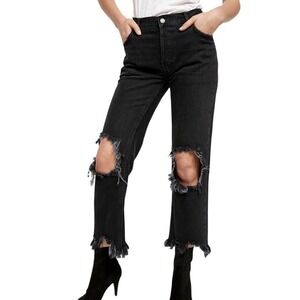 FREE PEOPLE We the Free Maggie Mid-Rise Straight Leg Jeans Black Distressed, 29